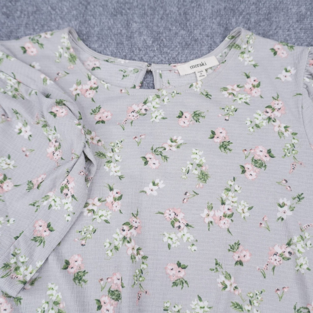 Meraki Floral Peplum Blouse Womens XL Grey Pink Smocked Waist Puff SleeveMT52420